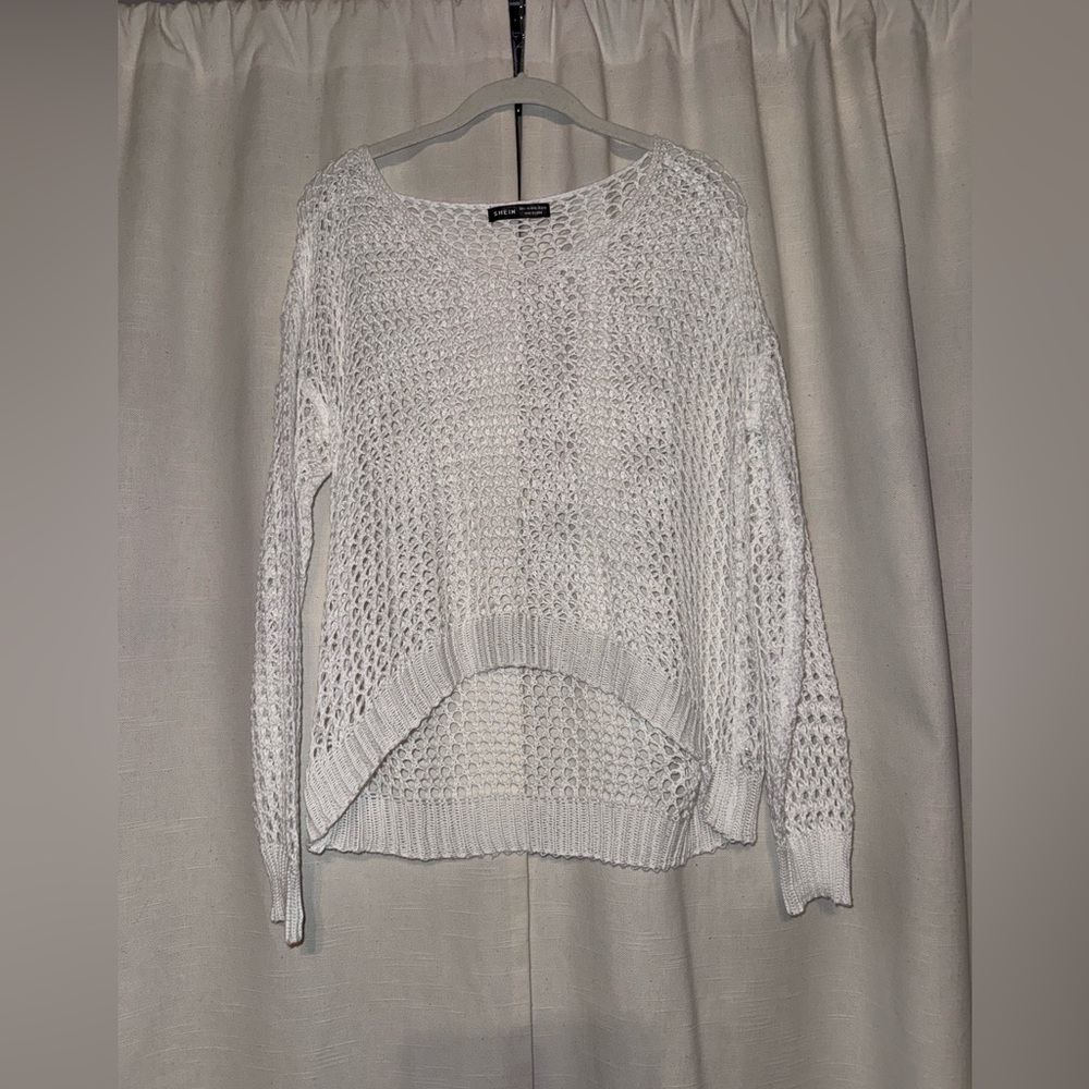 SHEIN White Open-Knit Scoop Neck Sweater